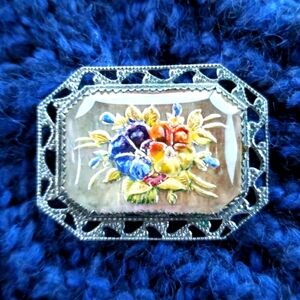 Vintage Pansy brooch reverse carved paint glass Essex floral Victorian